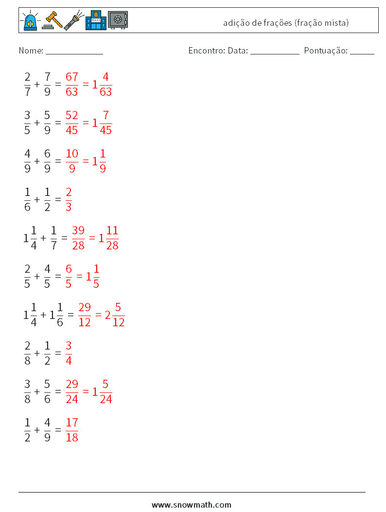 (10) adição de frações (fração mista) planilhas matemáticas 6 Pergunta, Resposta