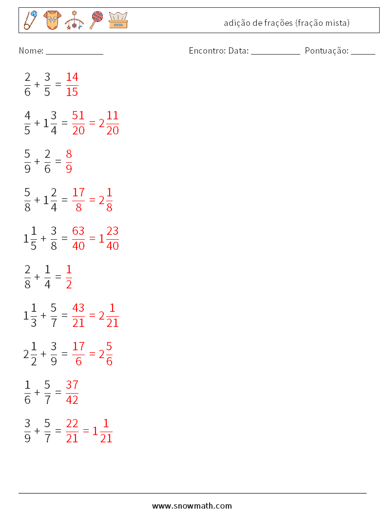 (10) adição de frações (fração mista) planilhas matemáticas 7 Pergunta, Resposta