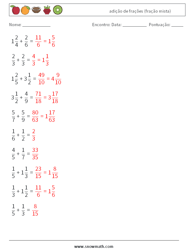 (10) adição de frações (fração mista) planilhas matemáticas 9 Pergunta, Resposta