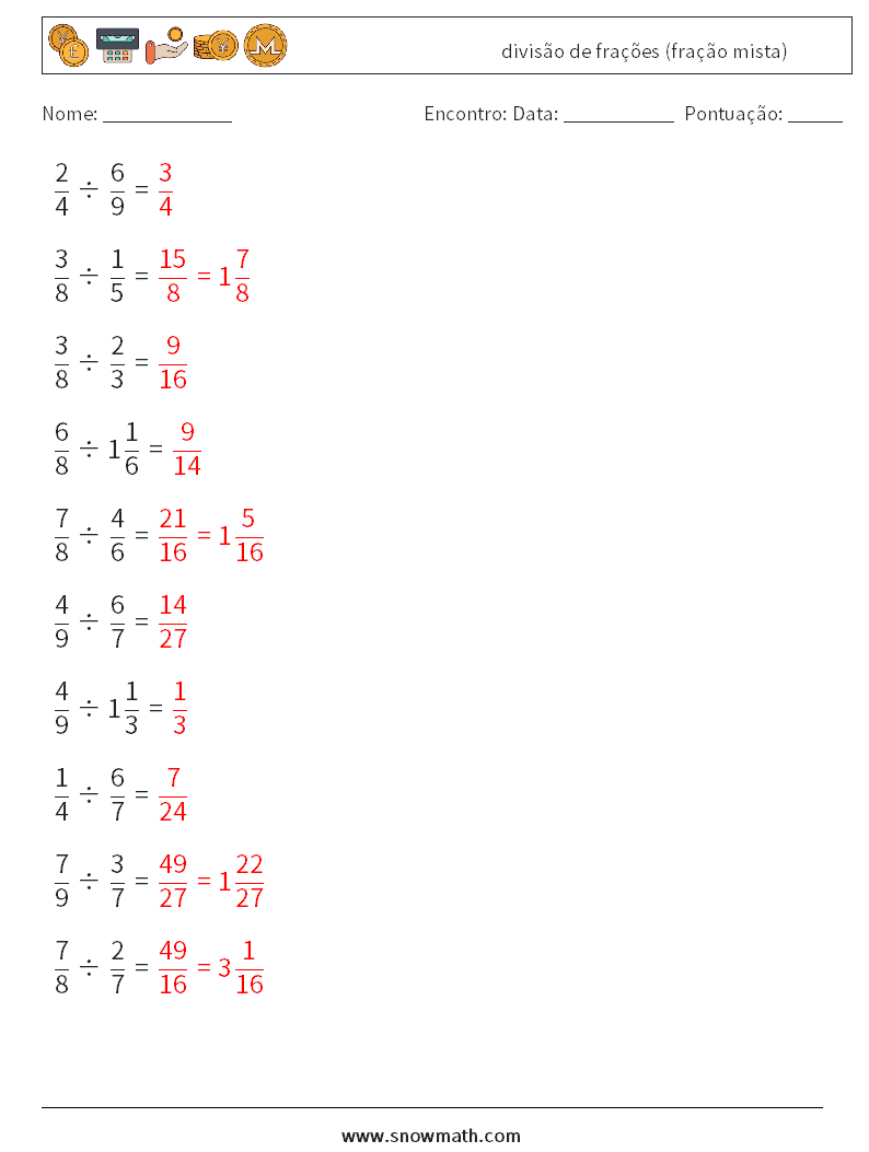 (10) divisão de frações (fração mista) planilhas matemáticas 10 Pergunta, Resposta