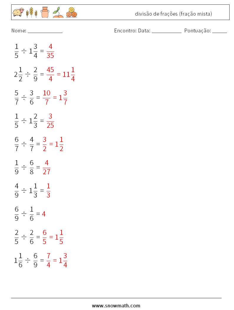 (10) divisão de frações (fração mista) planilhas matemáticas 12 Pergunta, Resposta