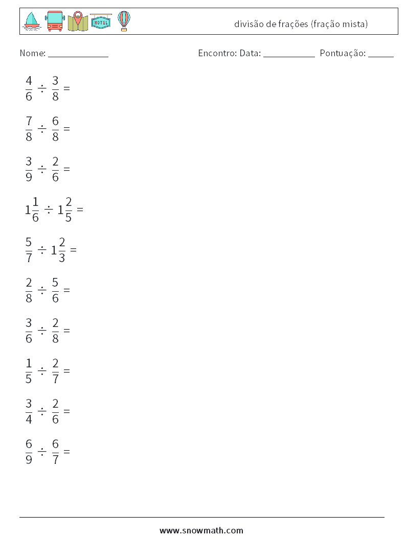 (10) divisão de frações (fração mista) planilhas matemáticas 13