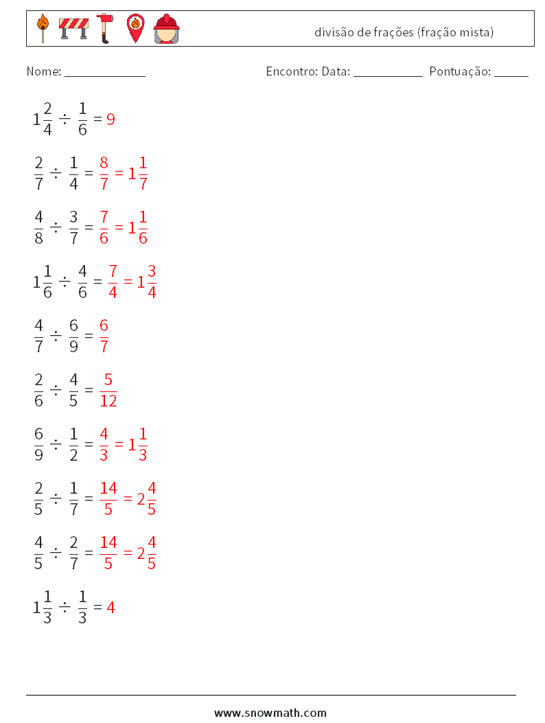 (10) divisão de frações (fração mista) planilhas matemáticas 14 Pergunta, Resposta