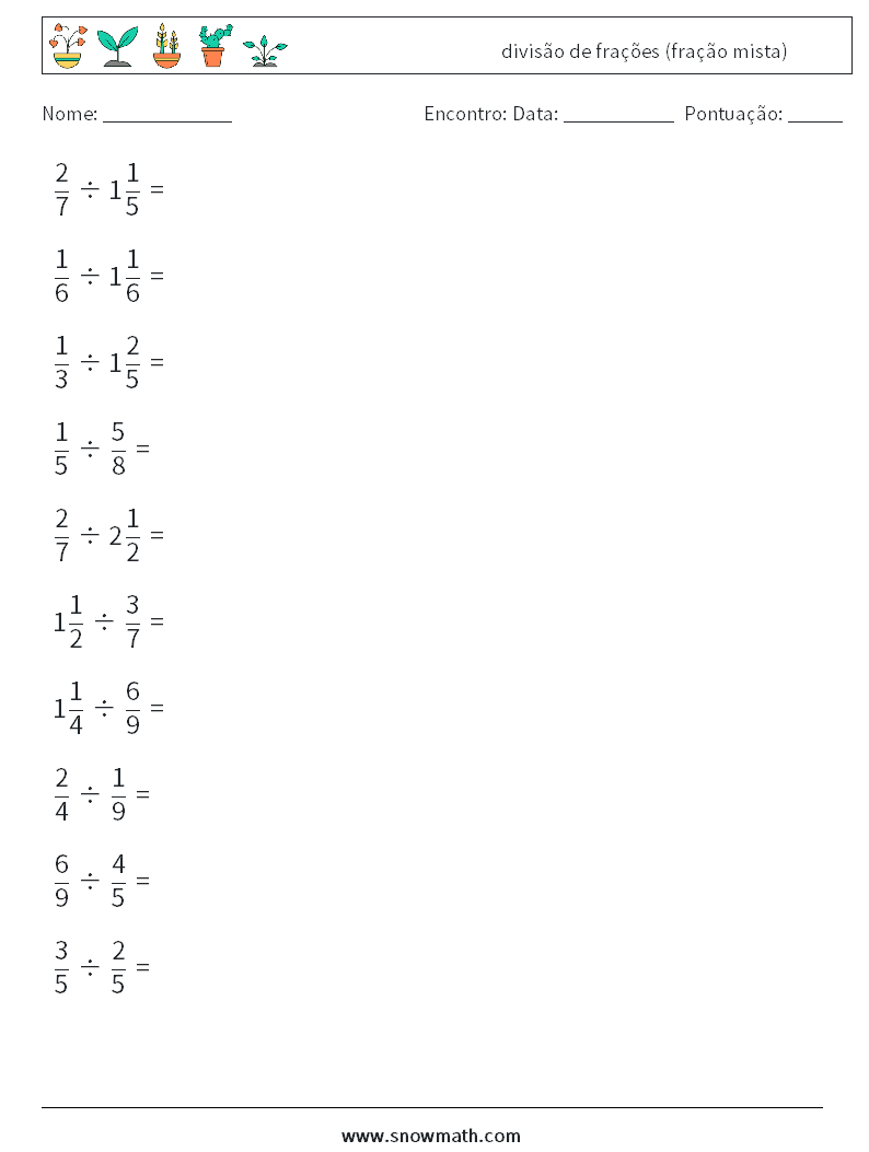 (10) divisão de frações (fração mista) planilhas matemáticas 15