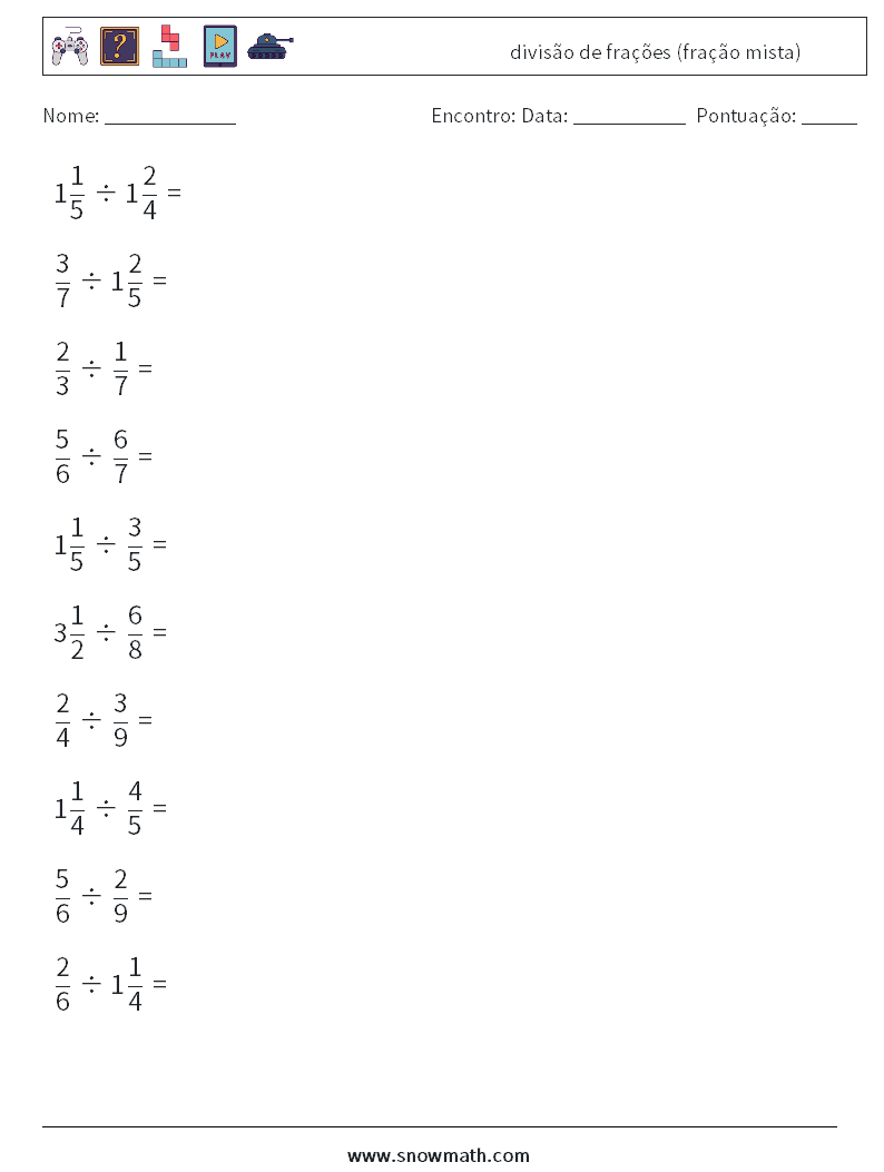 (10) divisão de frações (fração mista) planilhas matemáticas 18