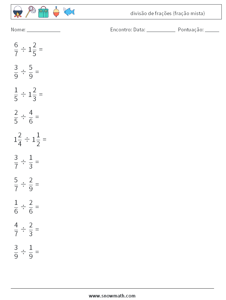 (10) divisão de frações (fração mista) planilhas matemáticas 2