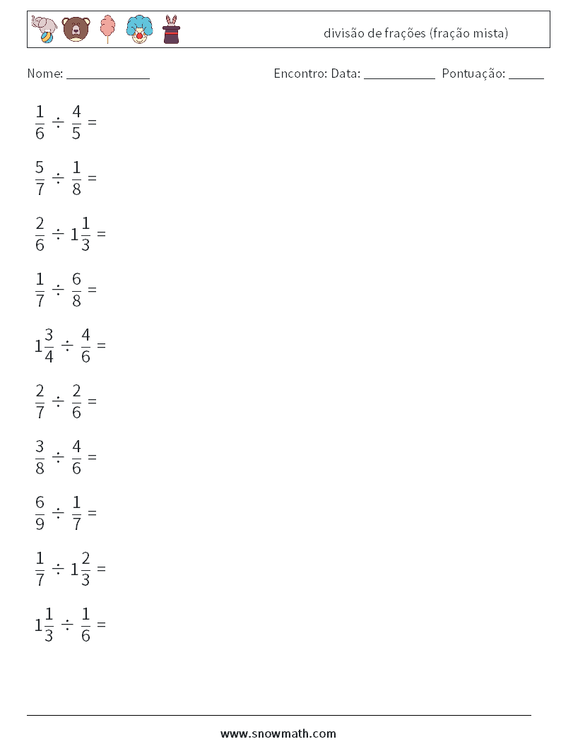 (10) divisão de frações (fração mista) planilhas matemáticas 3