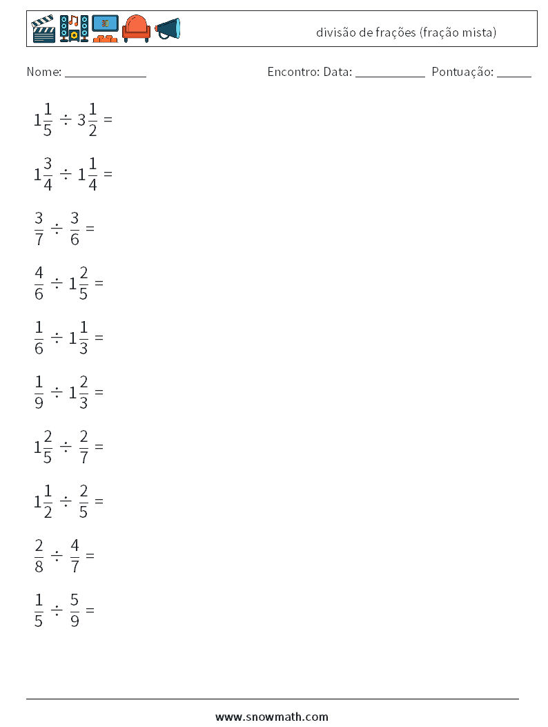 (10) divisão de frações (fração mista) planilhas matemáticas 6