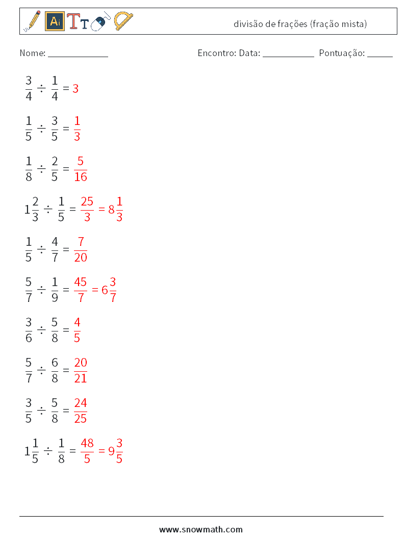 (10) divisão de frações (fração mista) planilhas matemáticas 8 Pergunta, Resposta