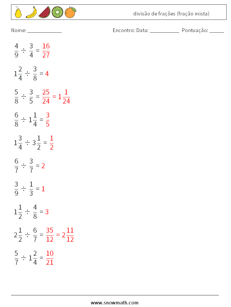 (10) divisão de frações (fração mista) planilhas matemáticas 9 Pergunta, Resposta