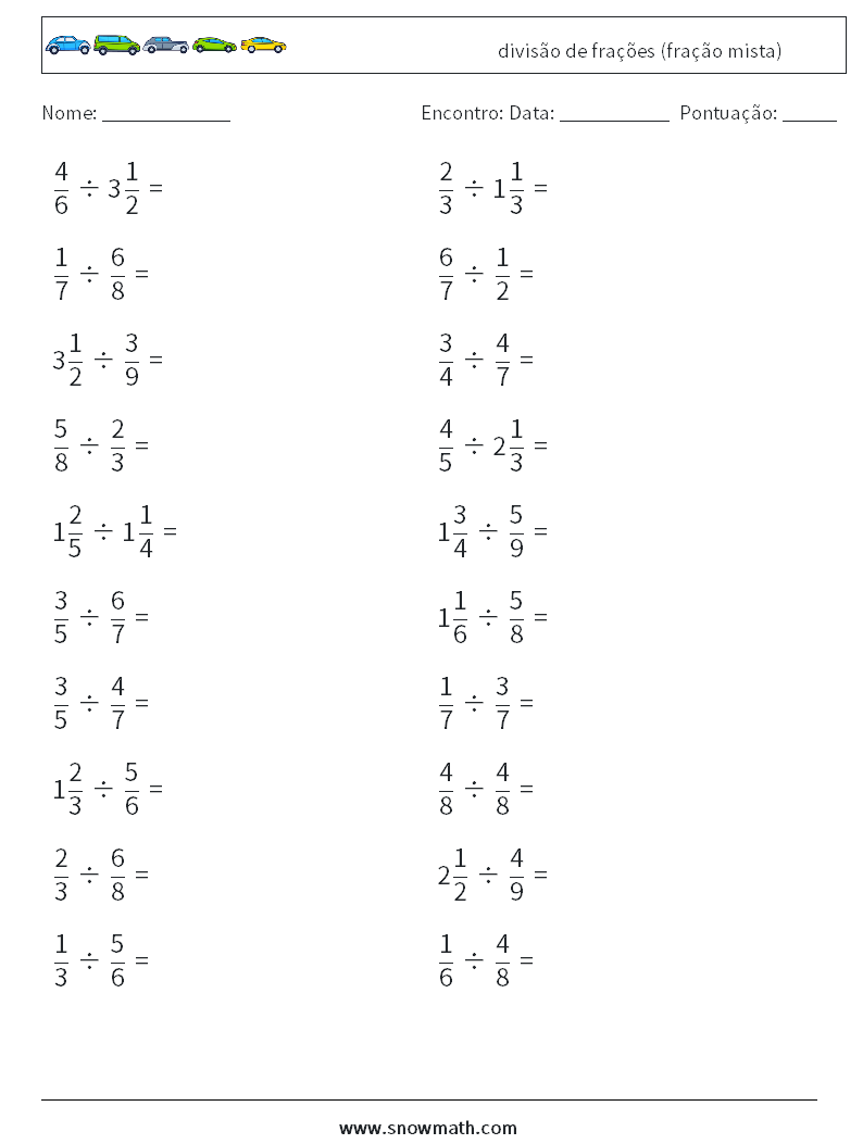 (20) divisão de frações (fração mista) planilhas matemáticas 1