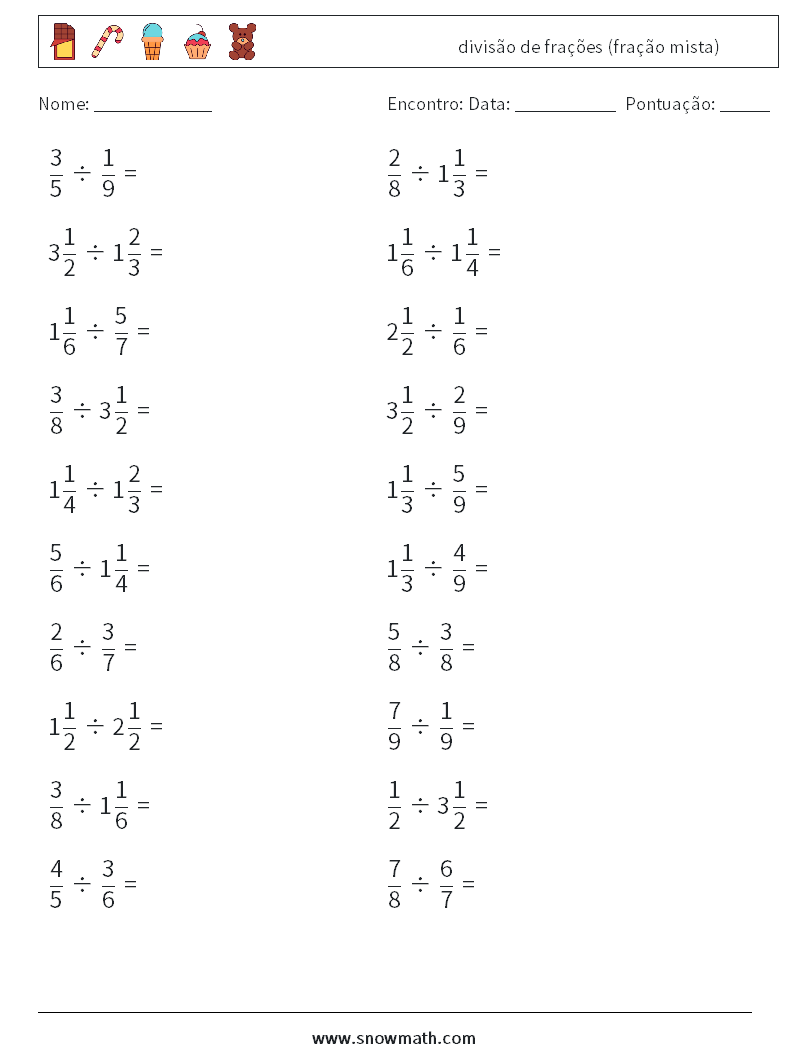 (20) divisão de frações (fração mista) planilhas matemáticas 10