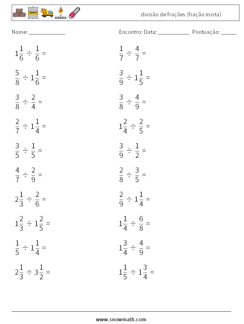 (20) divisão de frações (fração mista) planilhas matemáticas 11