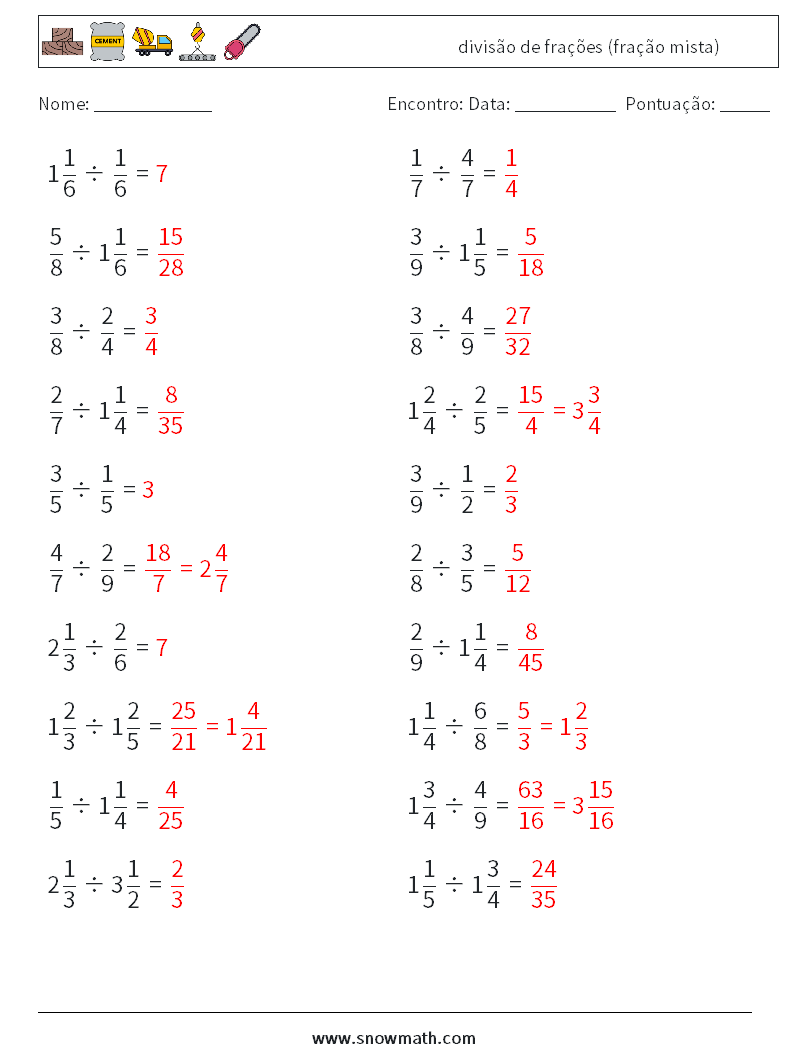 (20) divisão de frações (fração mista) planilhas matemáticas 11 Pergunta, Resposta