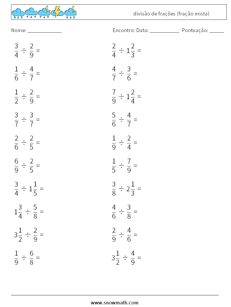 (20) divisão de frações (fração mista) planilhas matemáticas 12