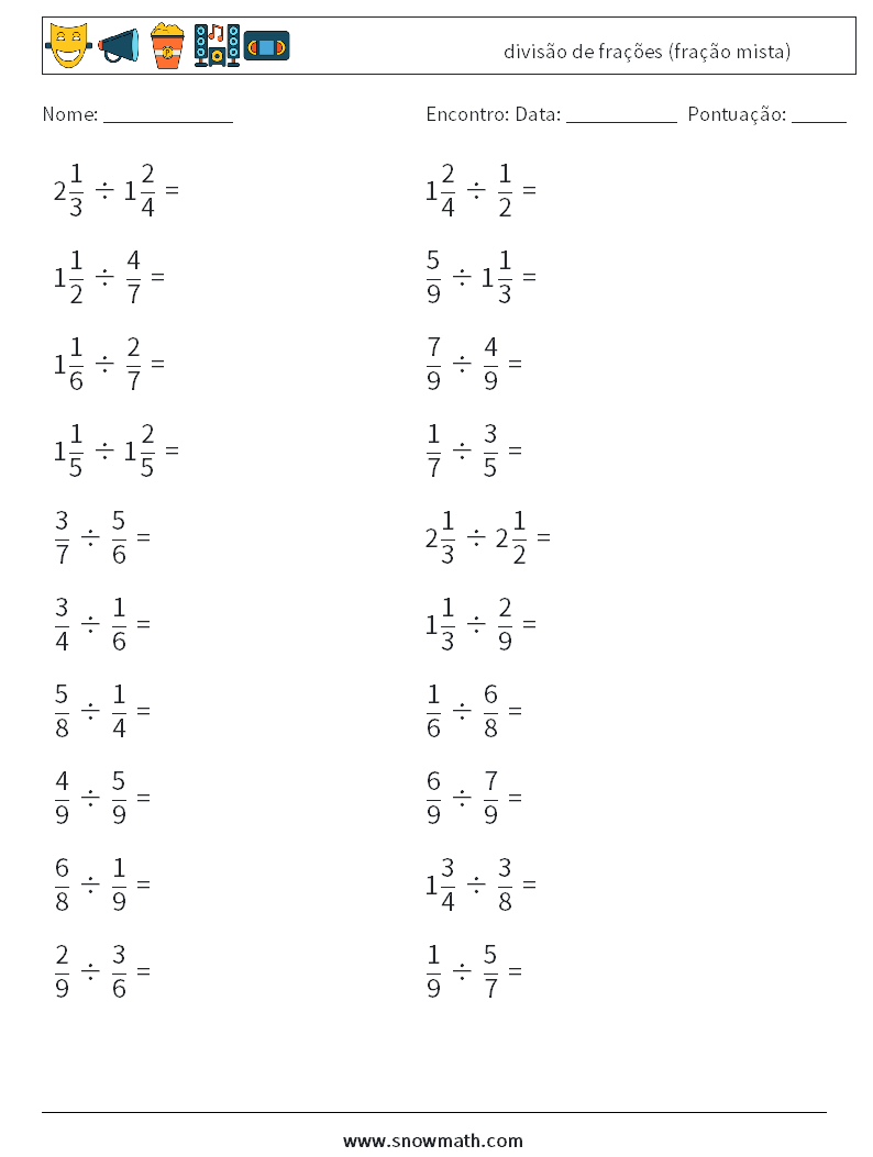 (20) divisão de frações (fração mista) planilhas matemáticas 13