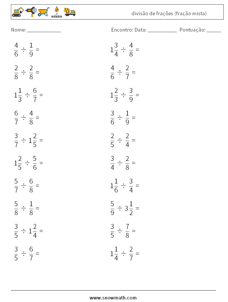 (20) divisão de frações (fração mista) planilhas matemáticas 15