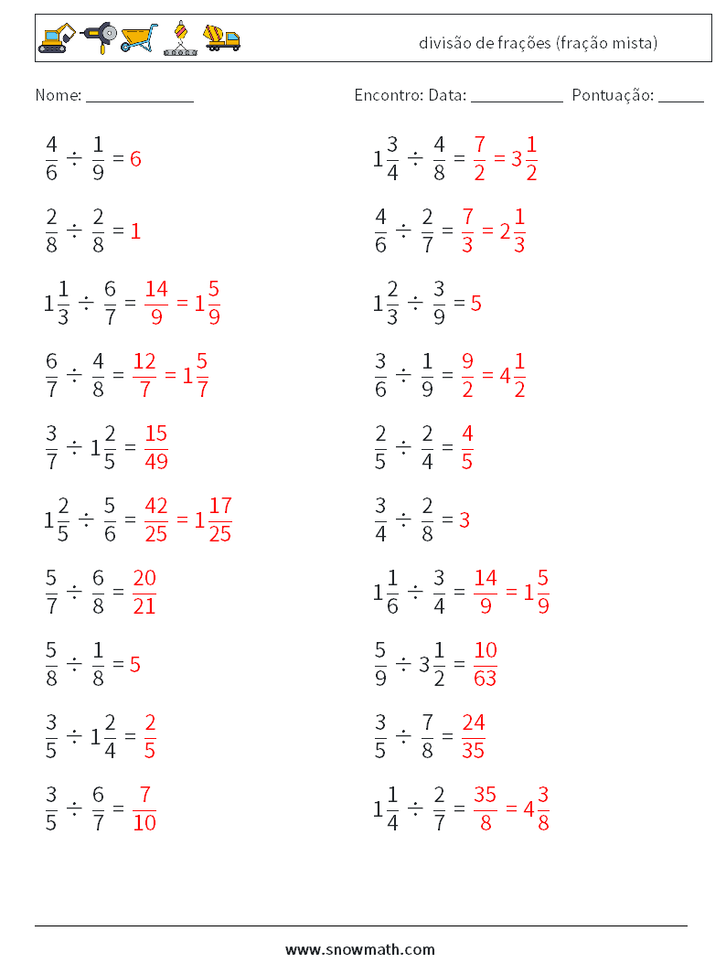 (20) divisão de frações (fração mista) planilhas matemáticas 15 Pergunta, Resposta