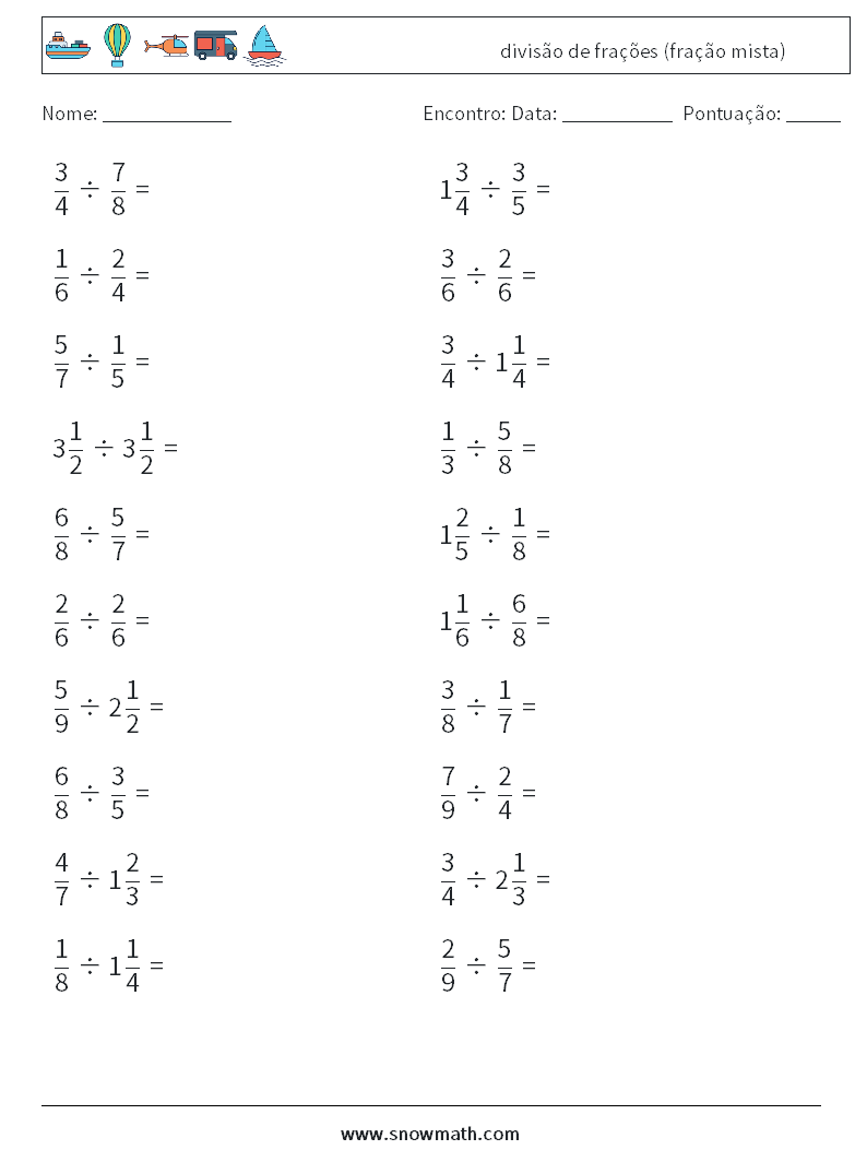 (20) divisão de frações (fração mista) planilhas matemáticas 16