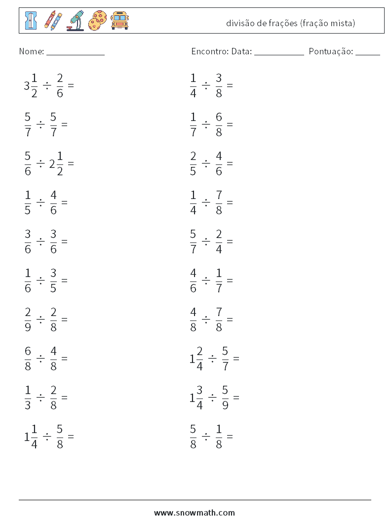 (20) divisão de frações (fração mista) planilhas matemáticas 17