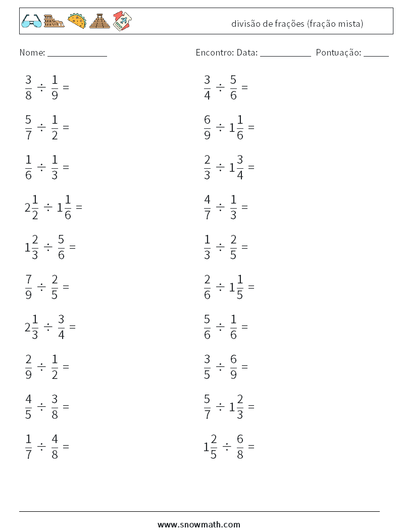 (20) divisão de frações (fração mista) planilhas matemáticas 18
