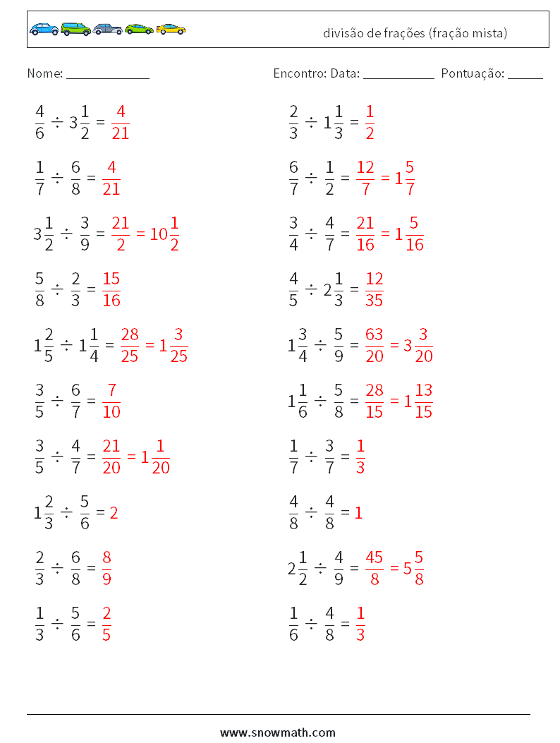 (20) divisão de frações (fração mista) planilhas matemáticas 1 Pergunta, Resposta
