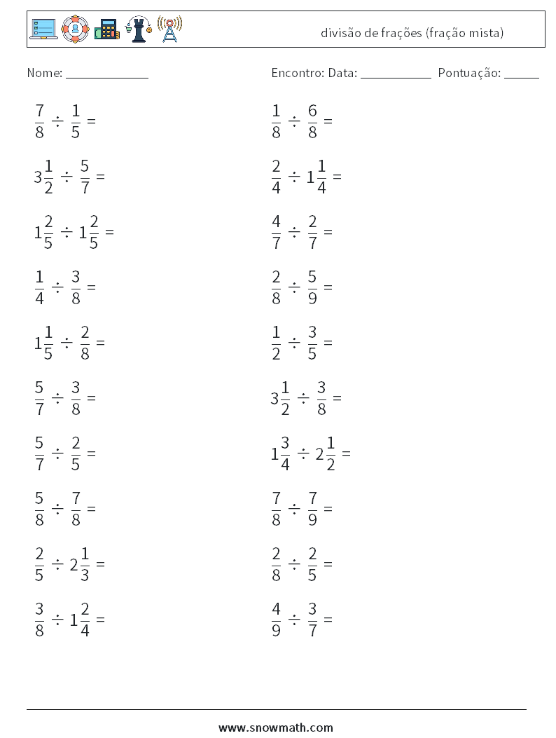 (20) divisão de frações (fração mista) planilhas matemáticas 2