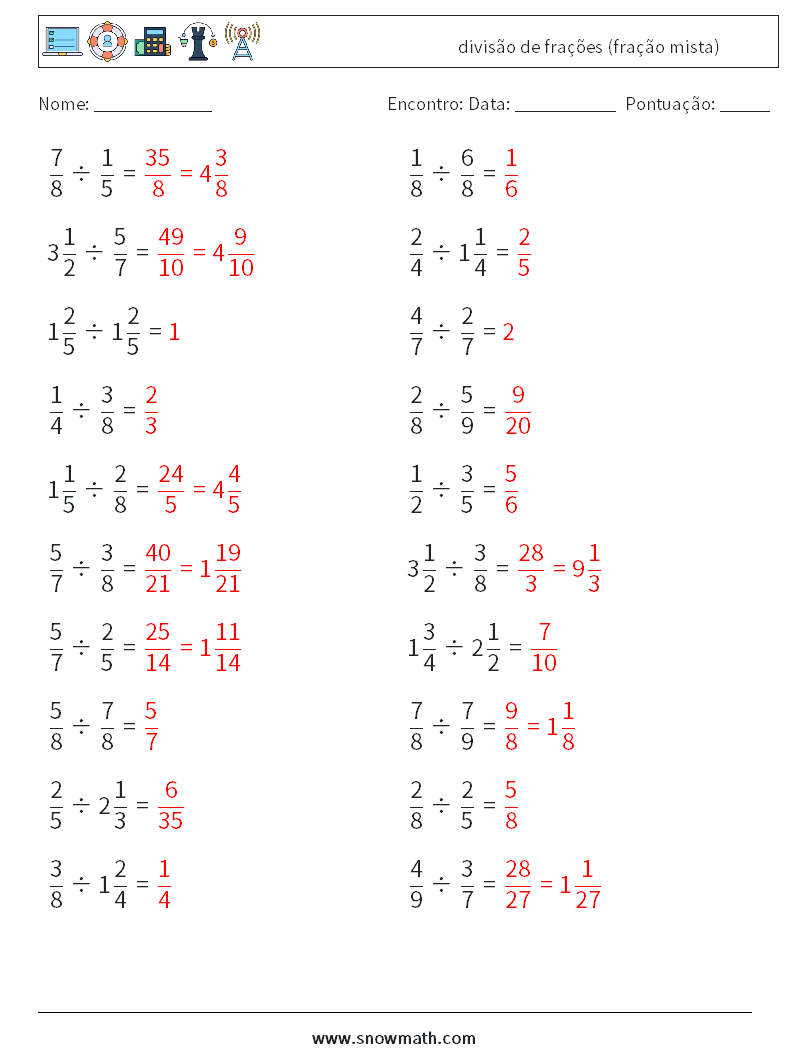 (20) divisão de frações (fração mista) planilhas matemáticas 2 Pergunta, Resposta