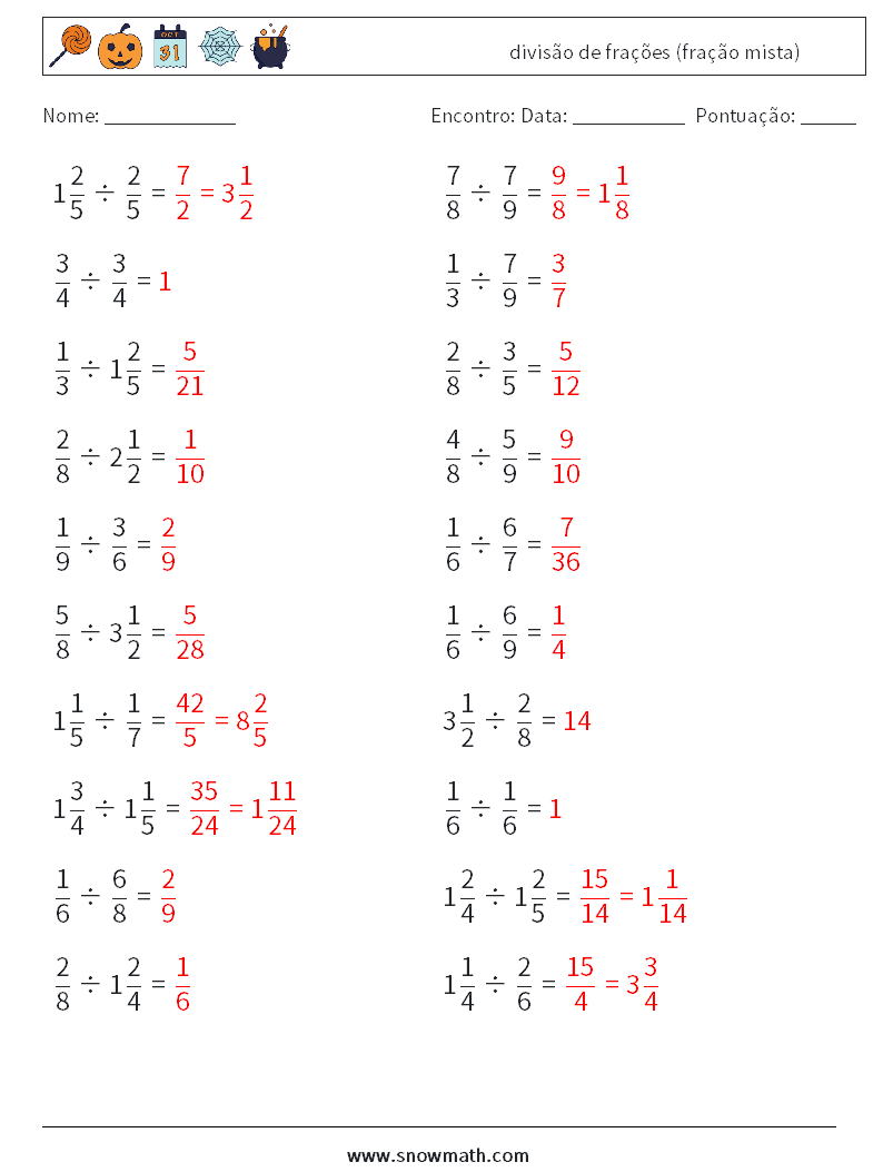 (20) divisão de frações (fração mista) planilhas matemáticas 3 Pergunta, Resposta