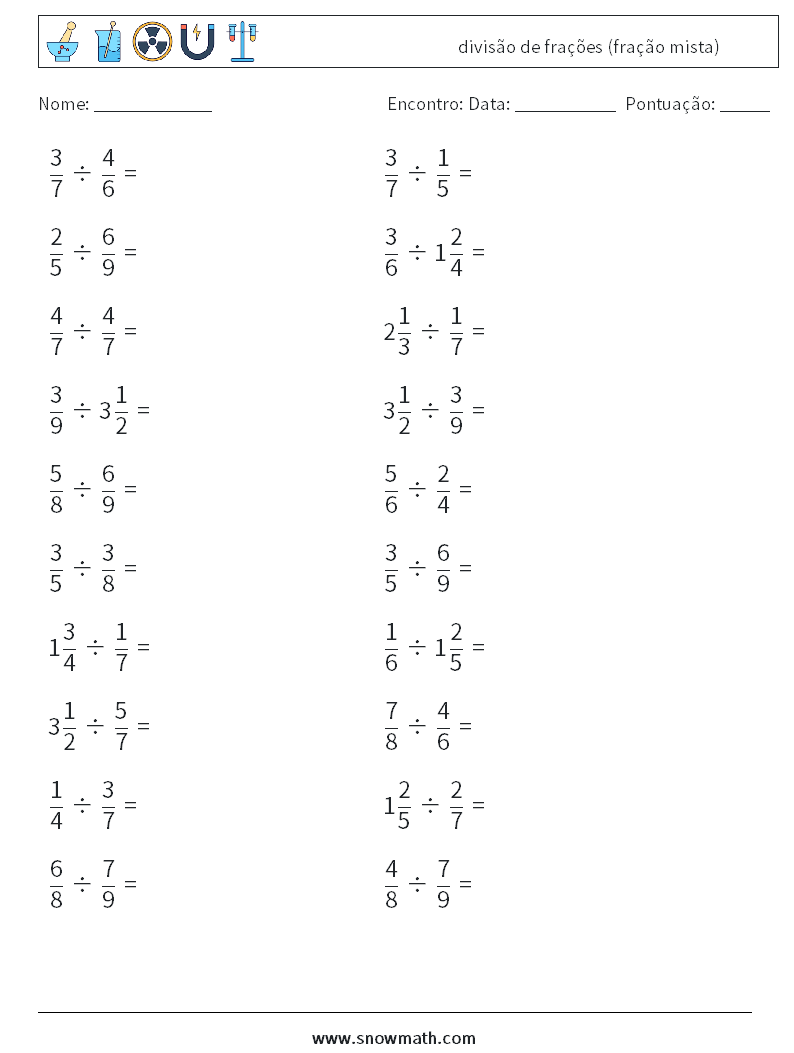 (20) divisão de frações (fração mista) planilhas matemáticas 4