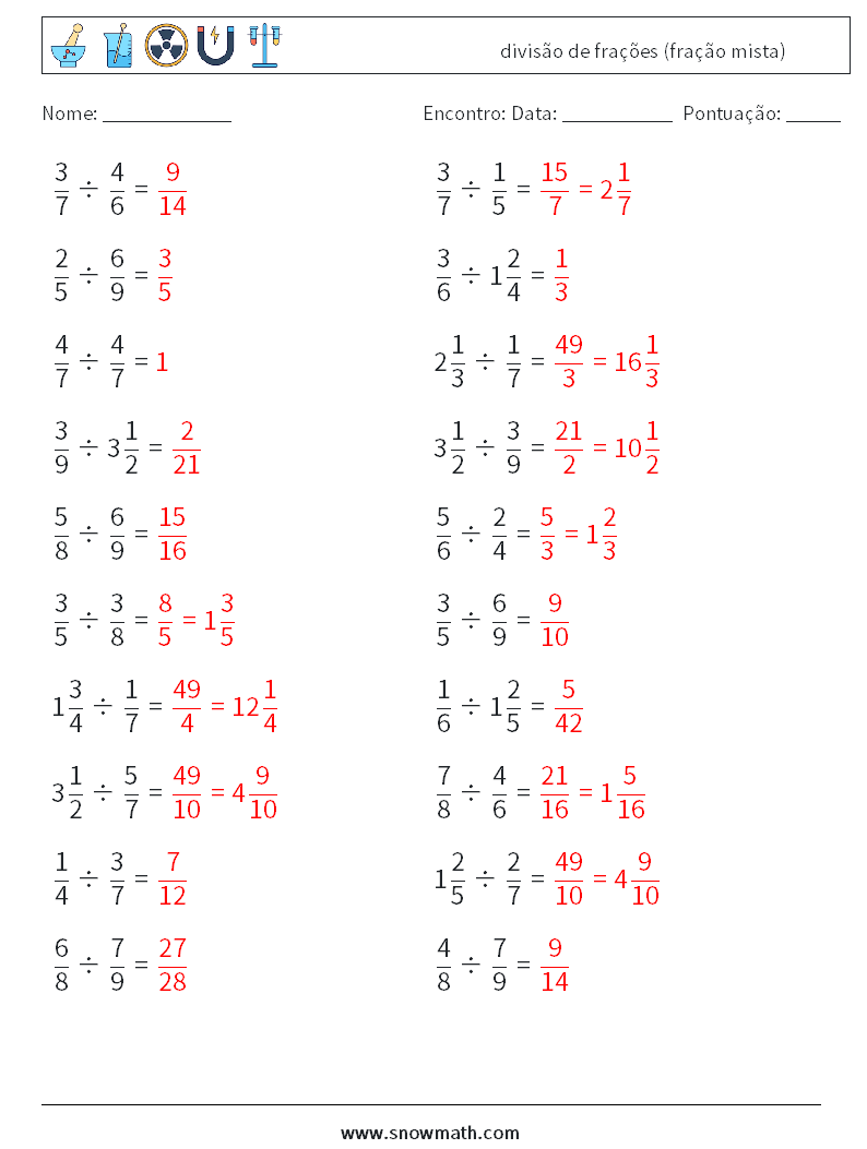 (20) divisão de frações (fração mista) planilhas matemáticas 4 Pergunta, Resposta