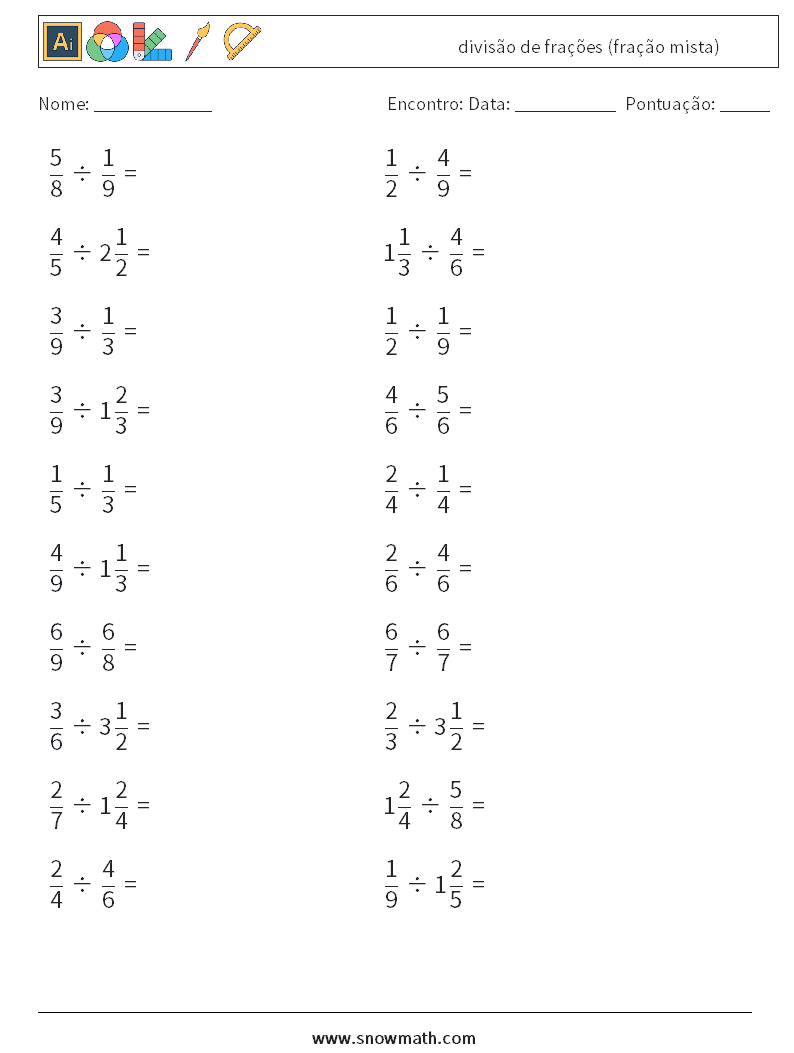 (20) divisão de frações (fração mista) planilhas matemáticas 5