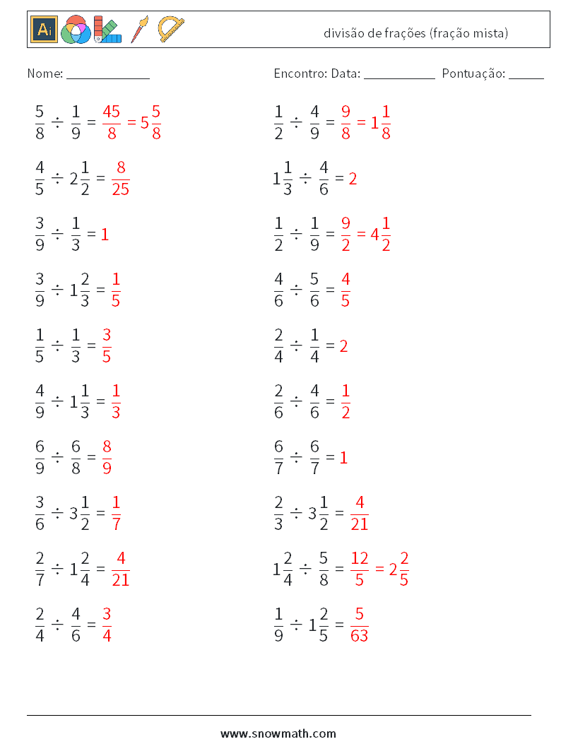 (20) divisão de frações (fração mista) planilhas matemáticas 5 Pergunta, Resposta