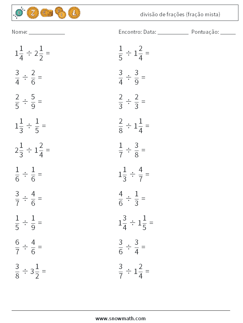 (20) divisão de frações (fração mista) planilhas matemáticas 6