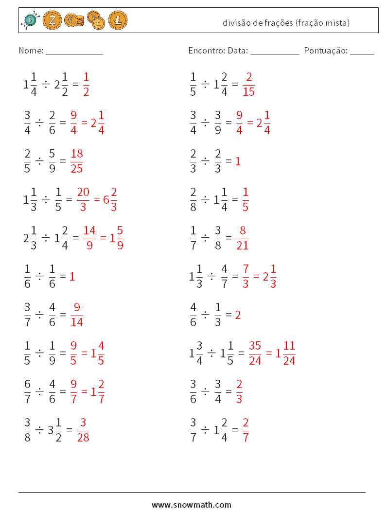 (20) divisão de frações (fração mista) planilhas matemáticas 6 Pergunta, Resposta