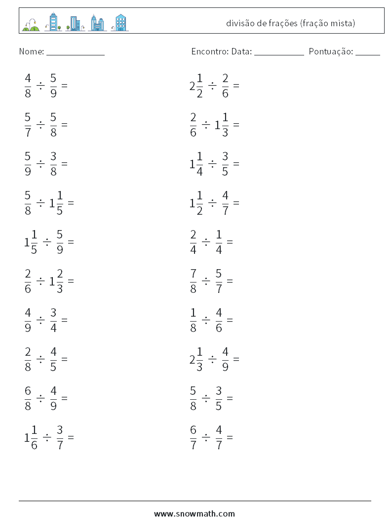 (20) divisão de frações (fração mista) planilhas matemáticas 7