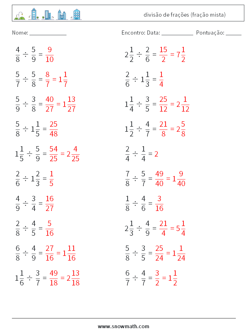 (20) divisão de frações (fração mista) planilhas matemáticas 7 Pergunta, Resposta