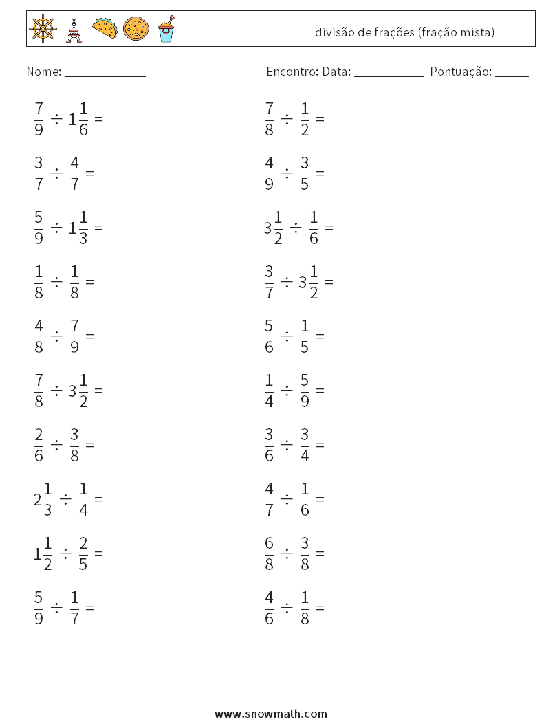 (20) divisão de frações (fração mista) planilhas matemáticas 8