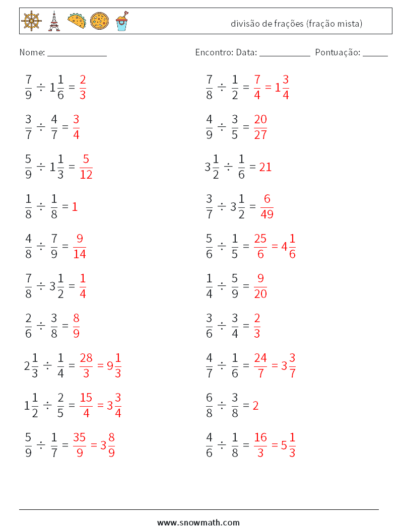 (20) divisão de frações (fração mista) planilhas matemáticas 8 Pergunta, Resposta