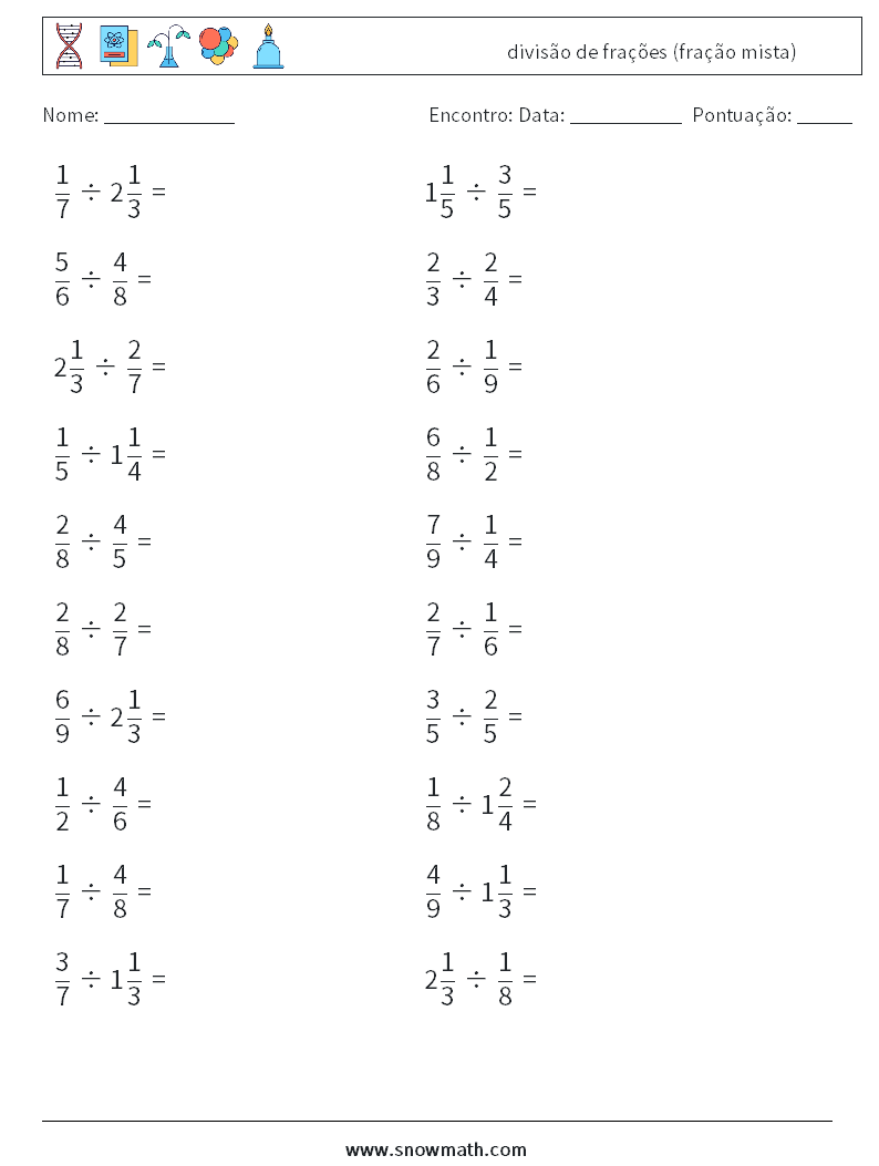 (20) divisão de frações (fração mista) planilhas matemáticas 9