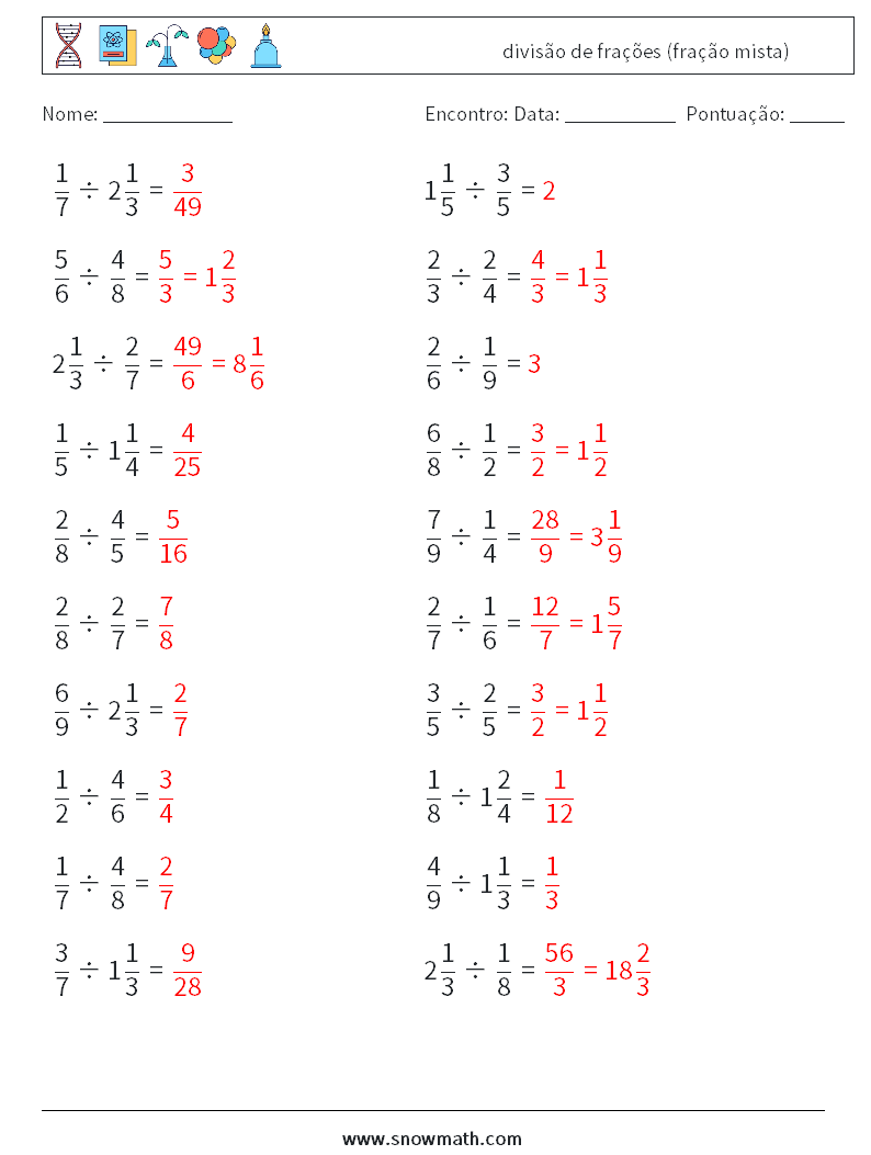 (20) divisão de frações (fração mista) planilhas matemáticas 9 Pergunta, Resposta