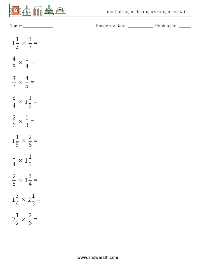 (10) multiplicação de frações (fração mista) planilhas matemáticas 11