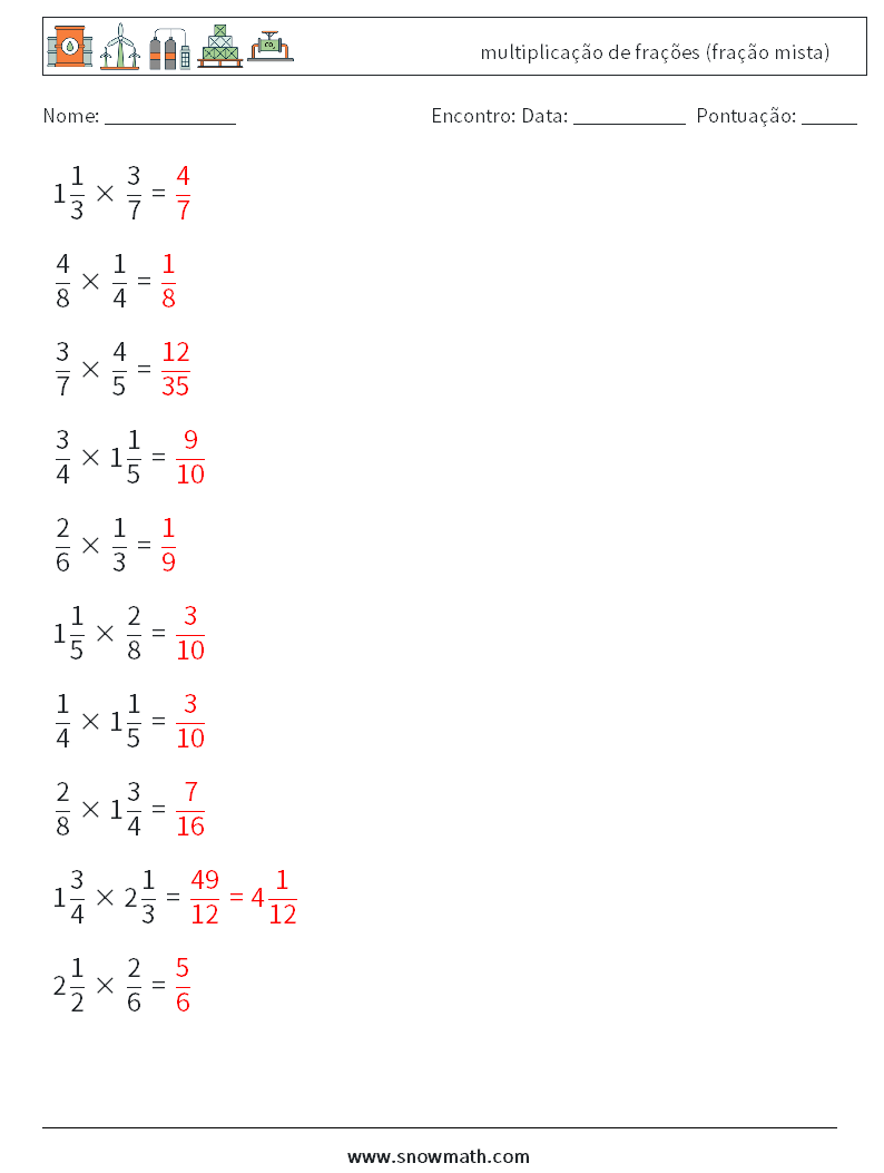 (10) multiplicação de frações (fração mista) planilhas matemáticas 11 Pergunta, Resposta