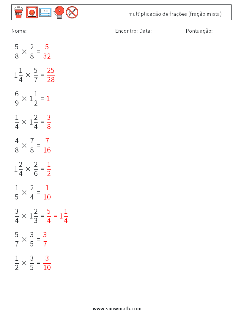 (10) multiplicação de frações (fração mista) planilhas matemáticas 13 Pergunta, Resposta