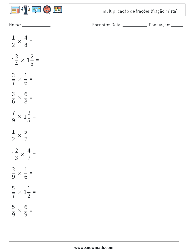 (10) multiplicação de frações (fração mista) planilhas matemáticas 18