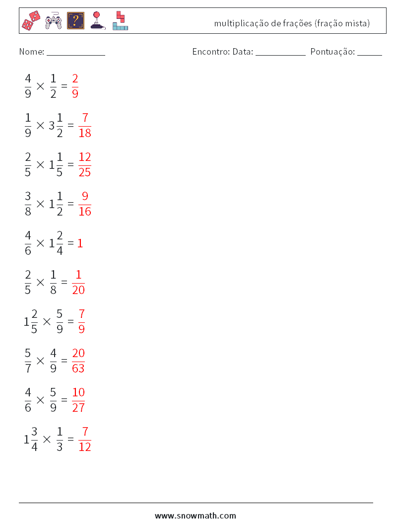 (10) multiplicação de frações (fração mista) planilhas matemáticas 5 Pergunta, Resposta