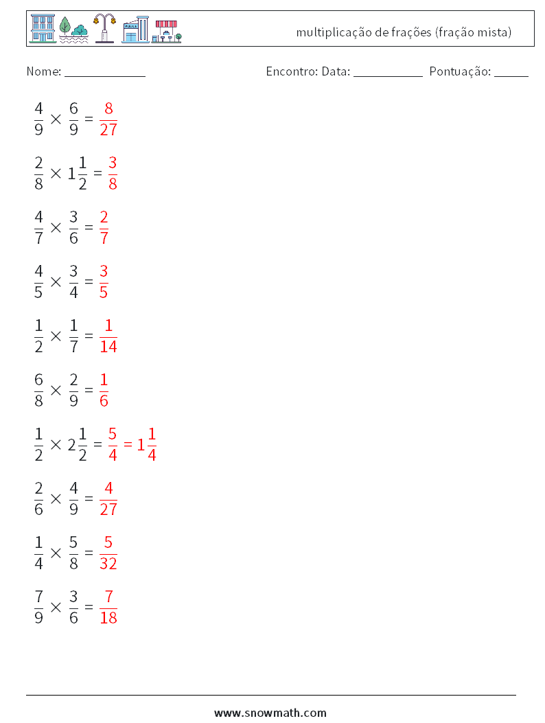 (10) multiplicação de frações (fração mista) planilhas matemáticas 6 Pergunta, Resposta