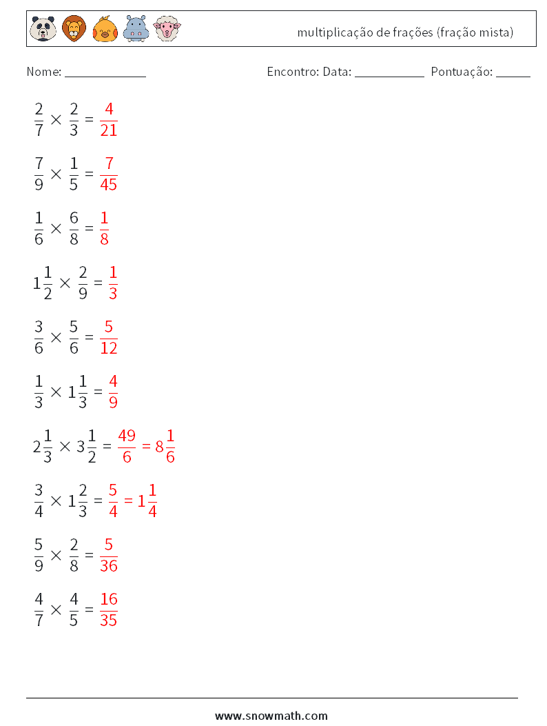 (10) multiplicação de frações (fração mista) planilhas matemáticas 9 Pergunta, Resposta