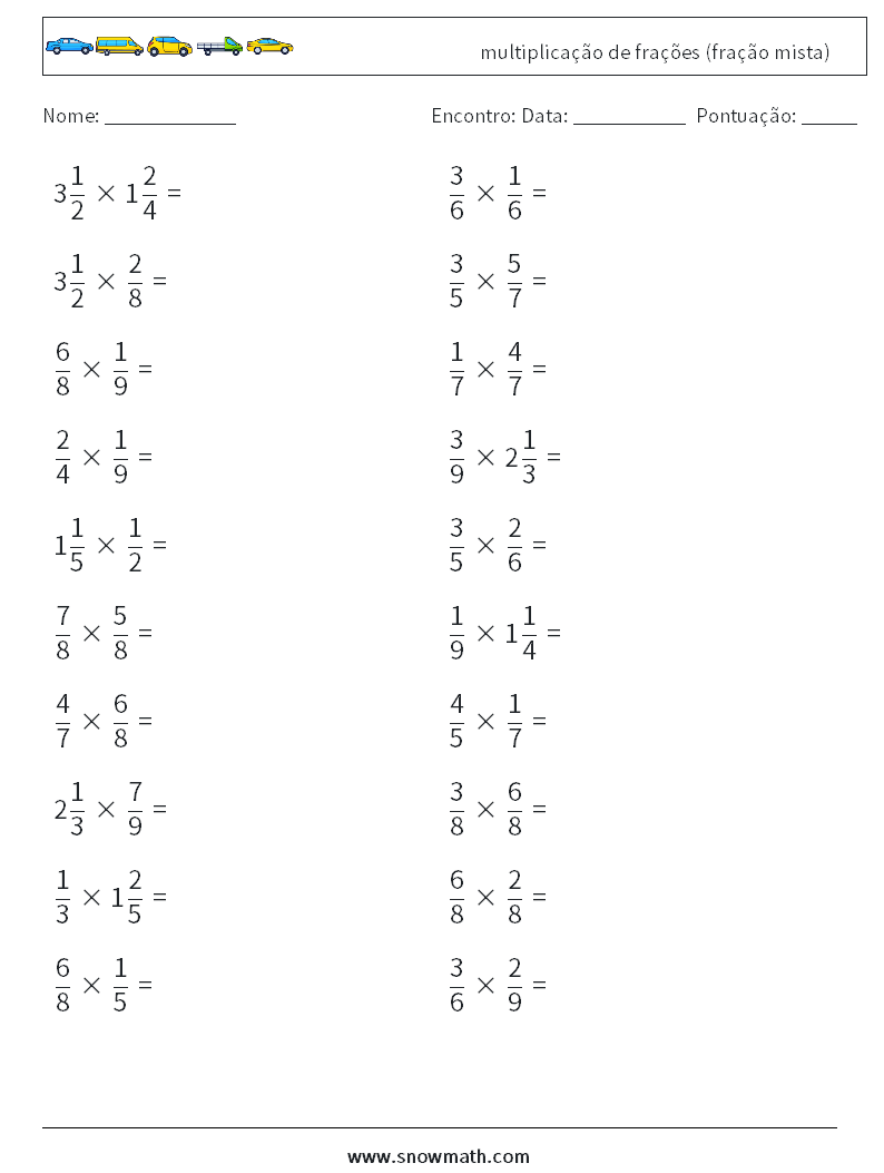 (20) multiplicação de frações (fração mista) planilhas matemáticas 10