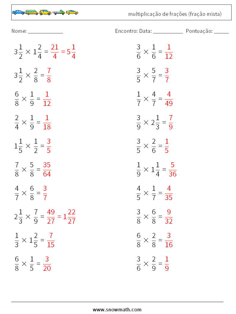 (20) multiplicação de frações (fração mista) planilhas matemáticas 10 Pergunta, Resposta
